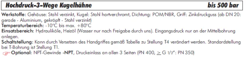 Datenbaltt 3-Wege Hochdruck Kugelhahn Stahl verzinkt IG bis 500 bar alle Größen